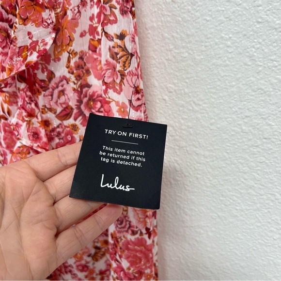 Lulus Always Enchanting Pink Floral Metallic Ruffled High-Low Dress Size Large - Picture 10 of 16